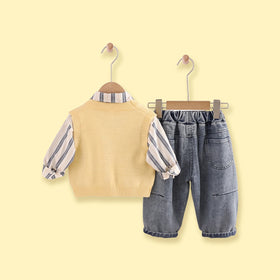 Boys Yellow Jacquard Sweater vest With Shirt And Denim Pants Sets 3 pc. Sets