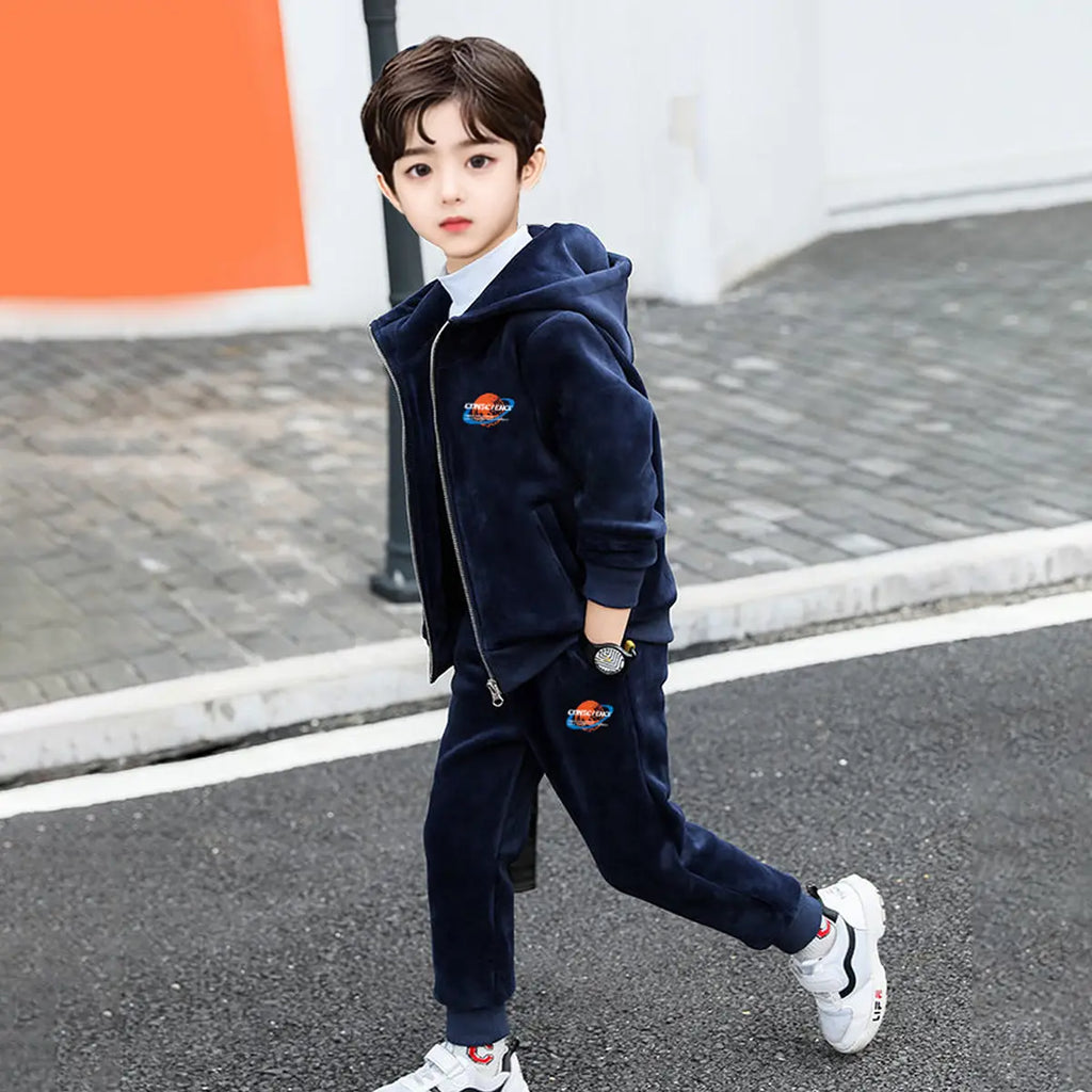 Boys Navy Blue Hooded Zipper Jacket With Jogger Co-ord Sets Sets