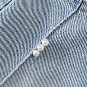 Girls Light Blue Pearl Embellished Relaxed Fit Denim Shorts Shorts