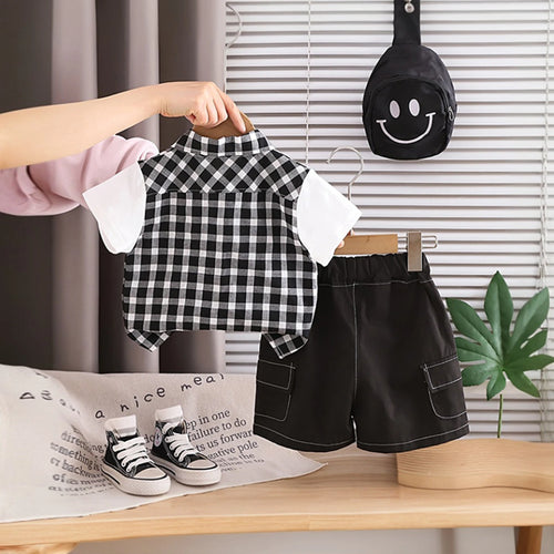Boys Black Checked Shirt With Shorts & Sling Bag Sets Sets