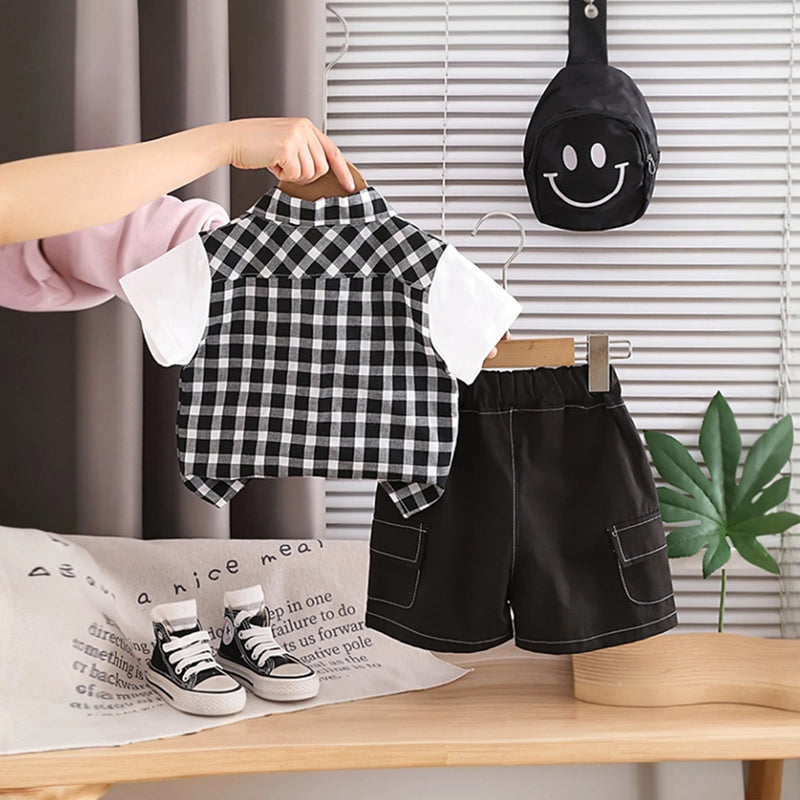 Boys Black Checked Shirt With Shorts & Sling Bag Sets Sets