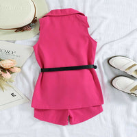 Girls Red Sleeveless Jacket With T-Shirt & Shorts Set Sets   
