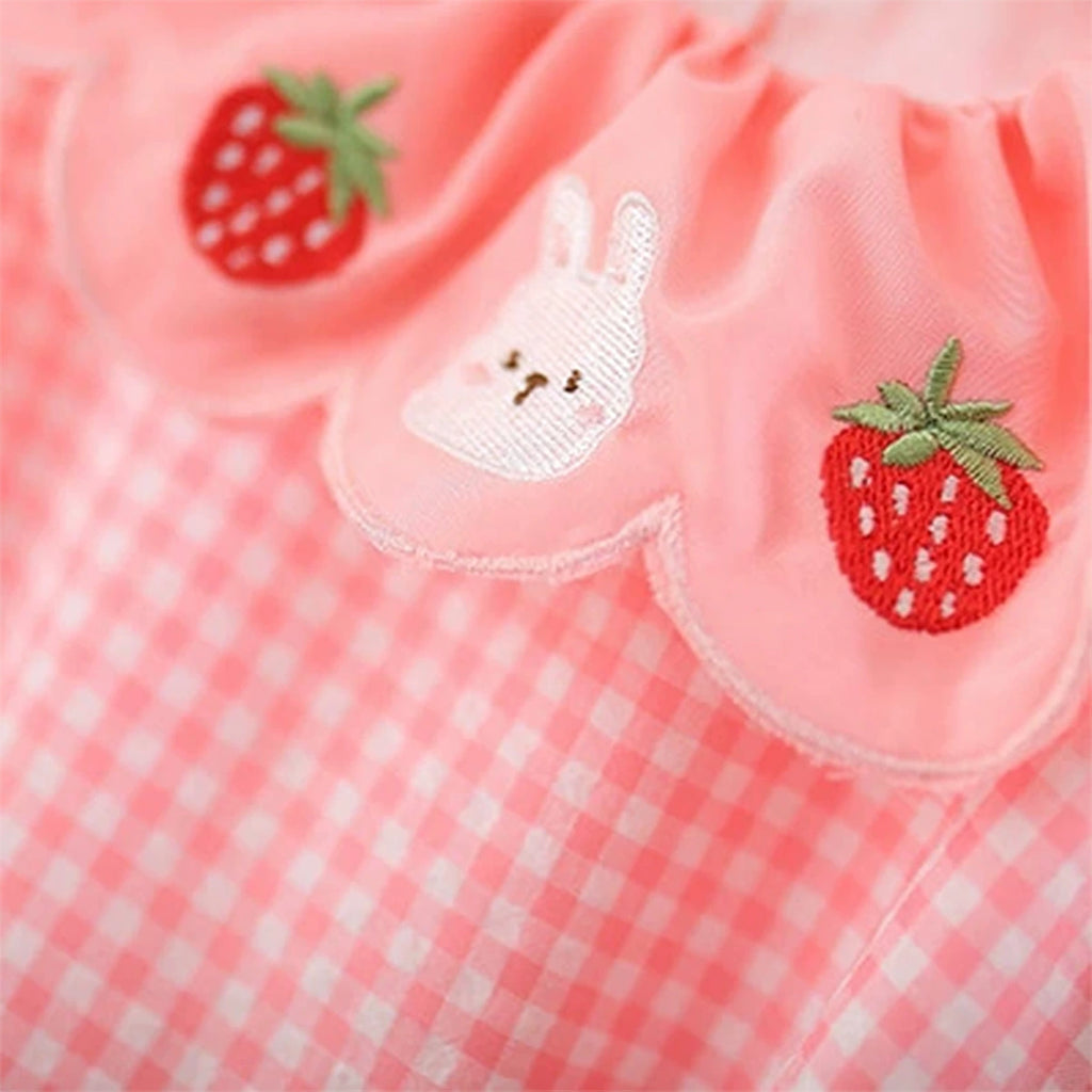 Girls Pink Checked Embroidered Ruffle Collar Sleeveless A-line Dress Casual Dresses