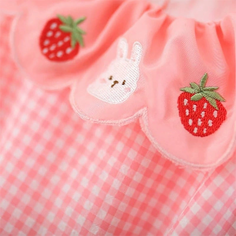 Girls Pink Checked Embroidered Ruffle Collar Sleeveless A-line Dress Casual Dresses