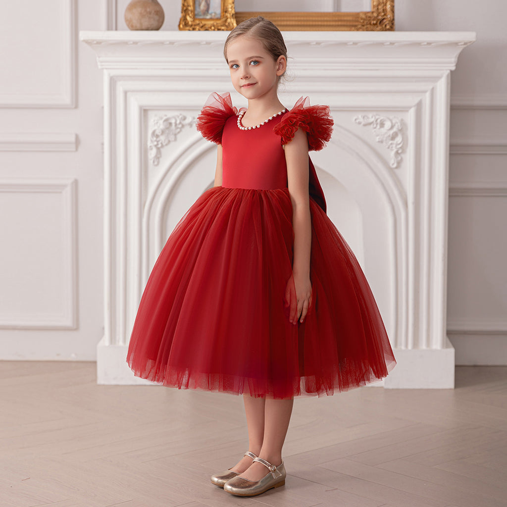 Girls Maroon Duchess Sateen Tulle Party Dress with Heart Back Party Dresses