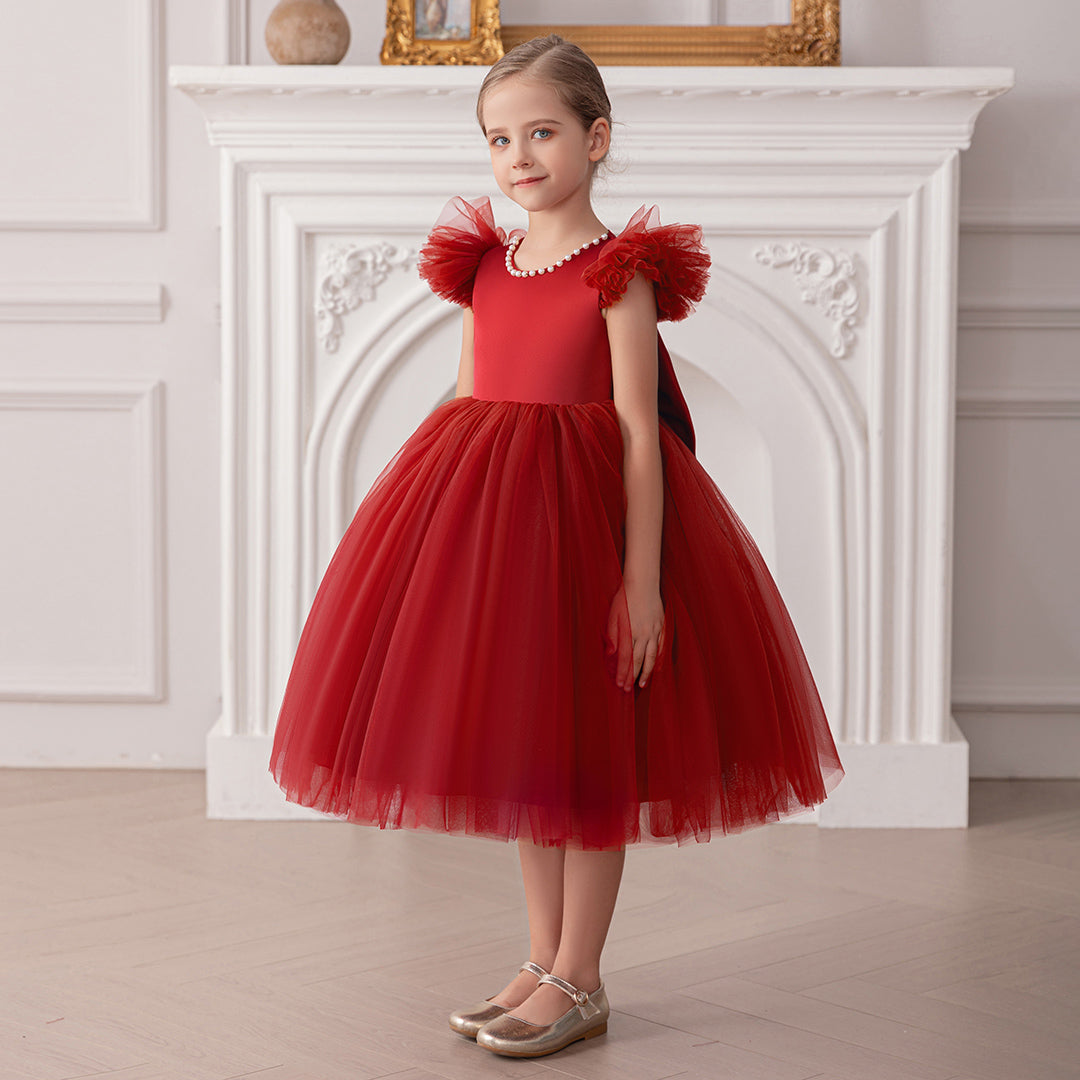 Girls Maroon Duchess Sateen Tulle Party Dress with Heart Back Party Dresses