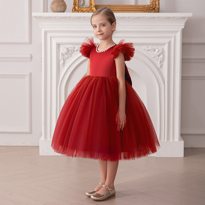 Girls Maroon Duchess Sateen Tulle Party Dress with Heart Back Party Dresses