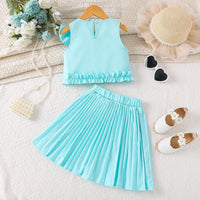 Girls Turquoise Blue Bow Applique Sleeveless Top With Pleated Skirt Sets 2 pc. Sets