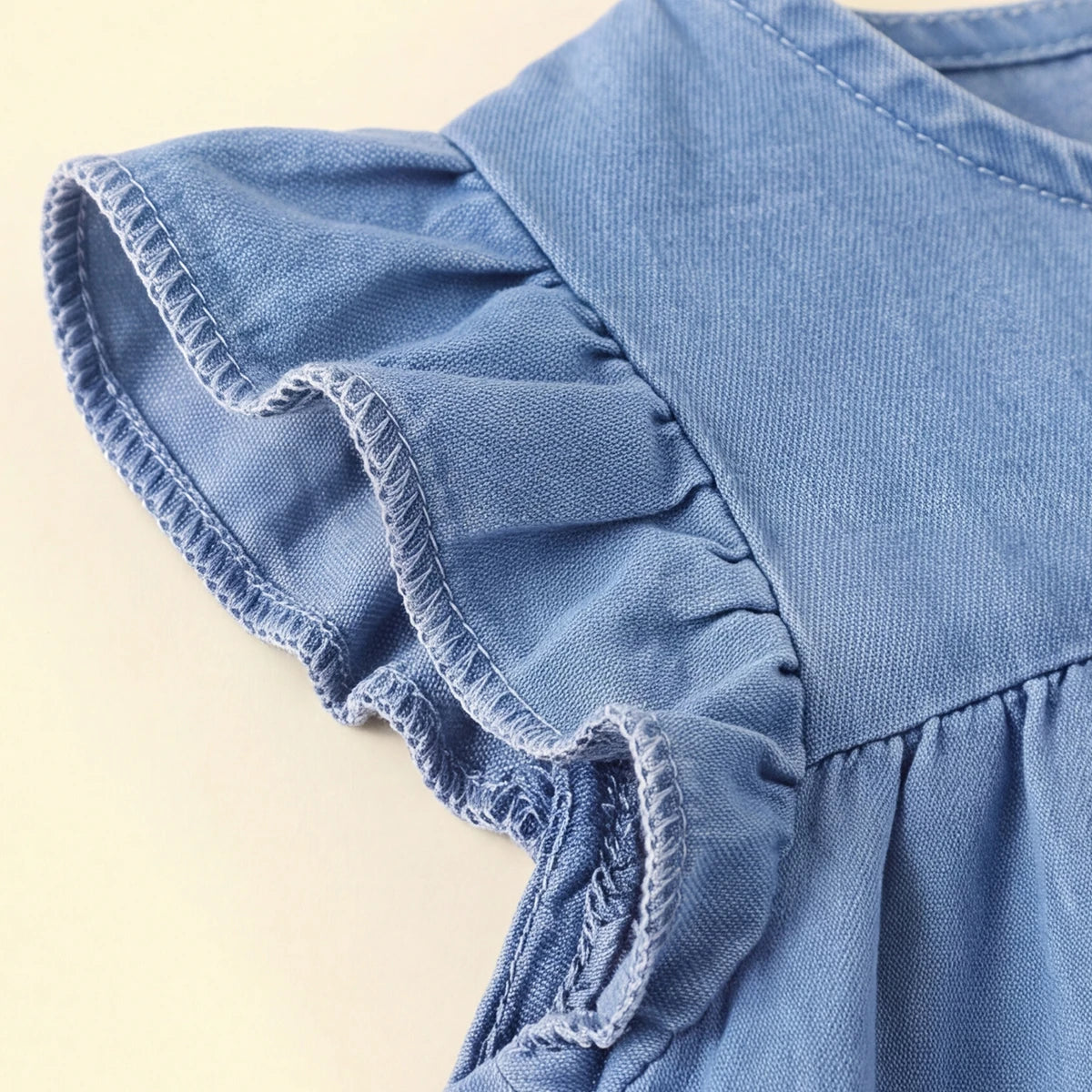 Girls Blue Bow Applique Short Sleeve Denim Dress Casual Dresses