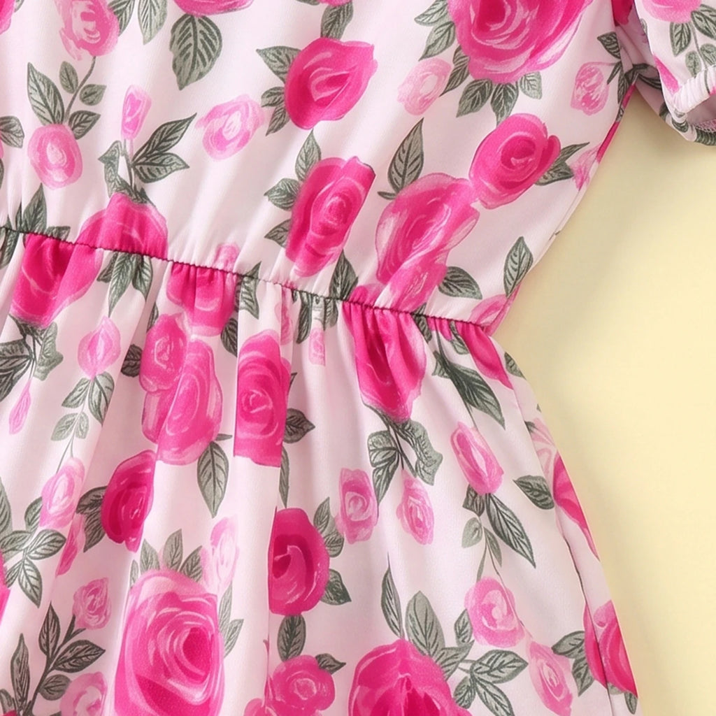 Girls Pink Floral Print Puff Sleeve Fit & Flare Dress Casual Dresses