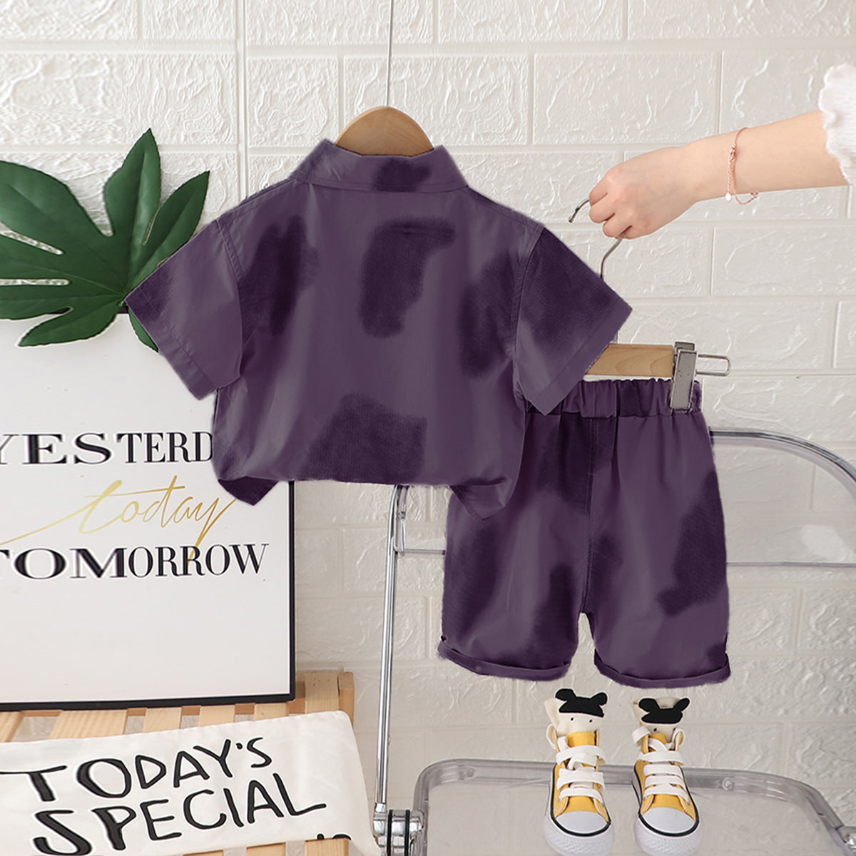 Boys Purple Short Sleeves Shirt With T-Shirt And Shorts Set 3 pc. Sets