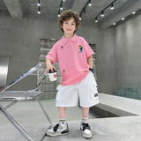 Boys Pink Graphic Polo T-Shirt With Shorts Sets