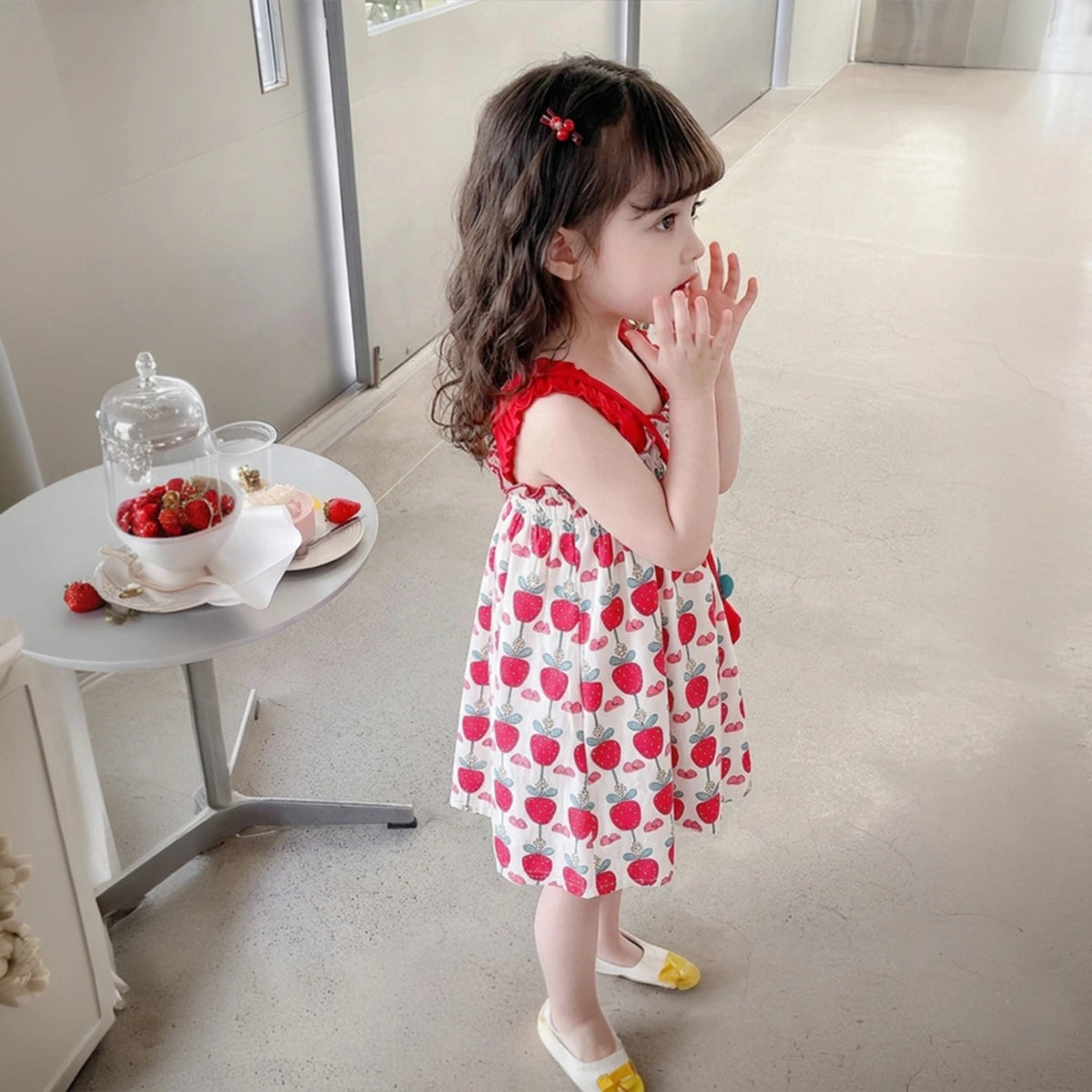 Girls Red Strawberry Printed Sleeveless Jumper Dress with Frill Straps Casual Dresses