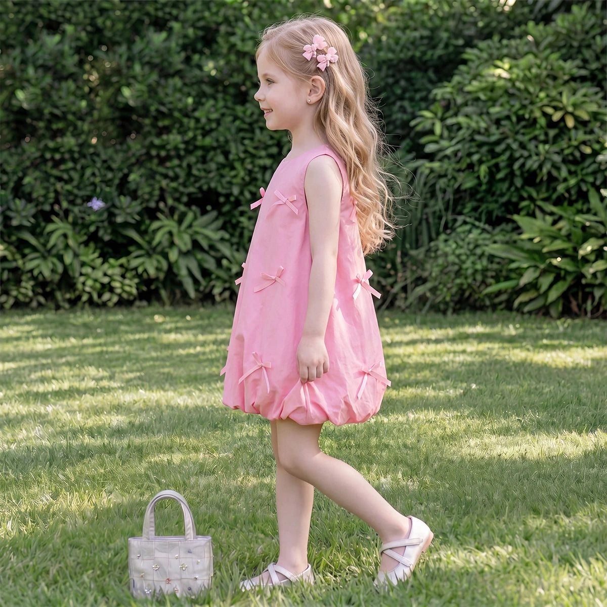 Girls Pink Bow Applique Sleeveless Balloon Dress Casual Dresses