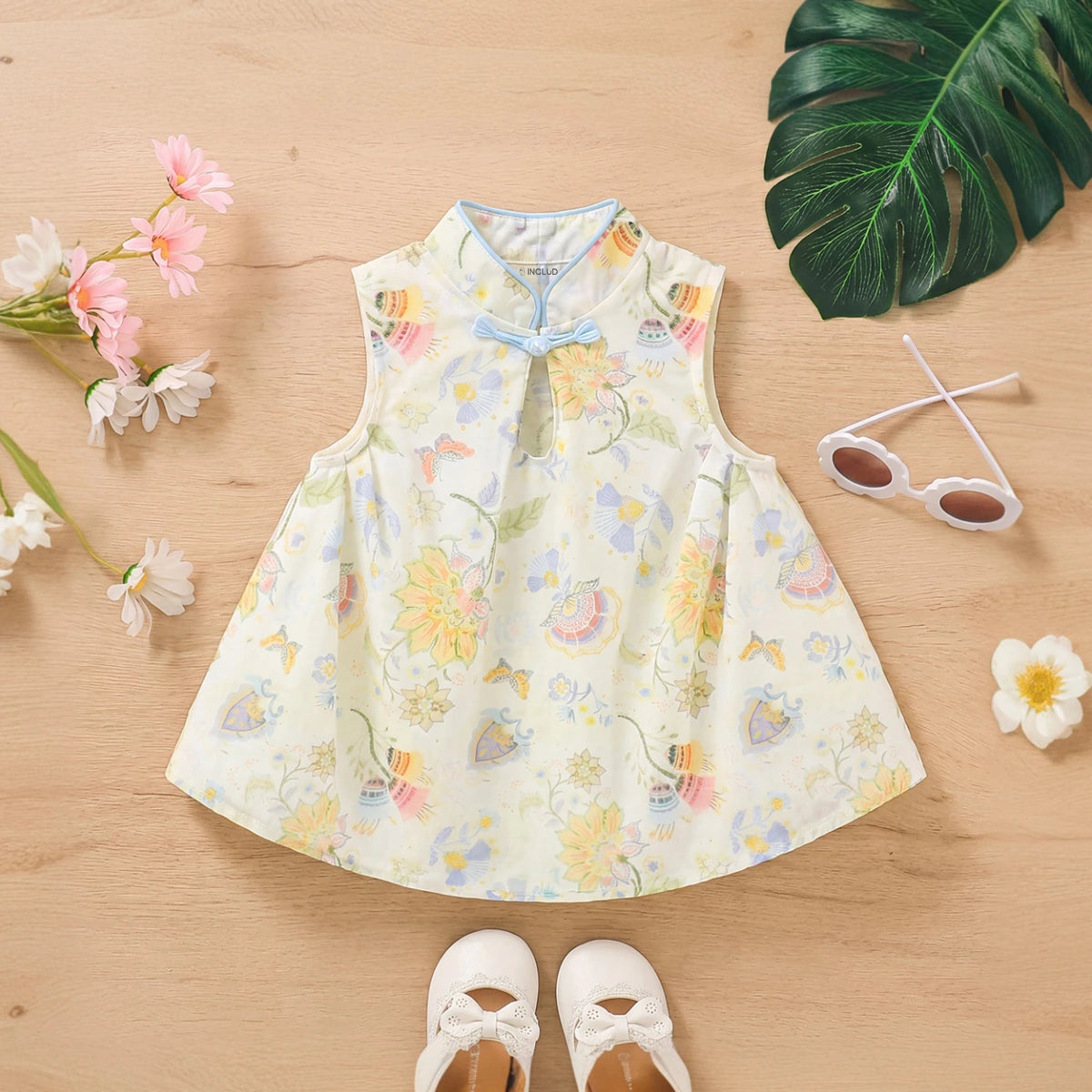 Girls Multicolor Floral Print Mandarin Collar Flared Dress Casual Dresses Multicolor 1-2 Y