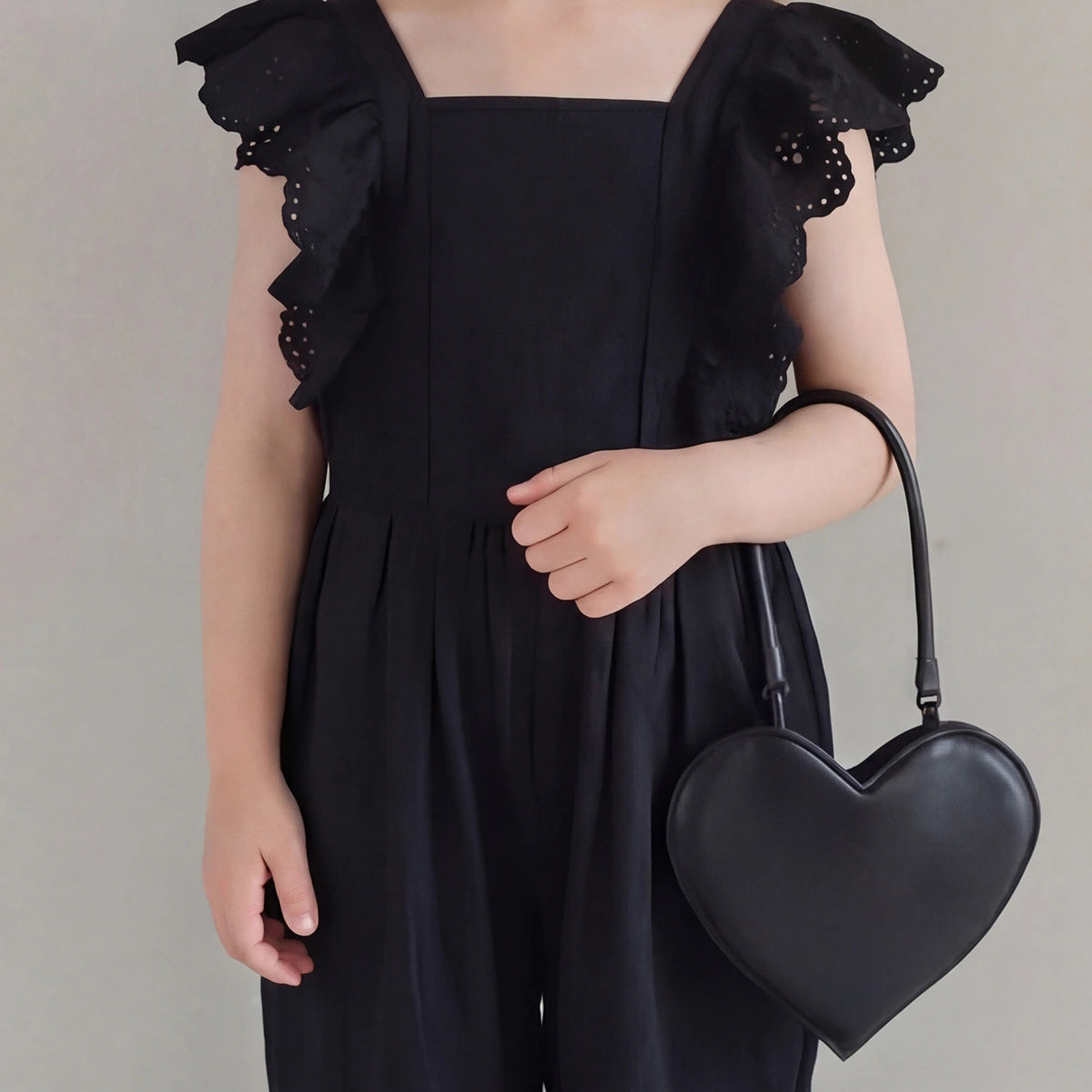 Girls Black Schiffli Detail Flutter Sleeve Jumpsuit Jumpsuits