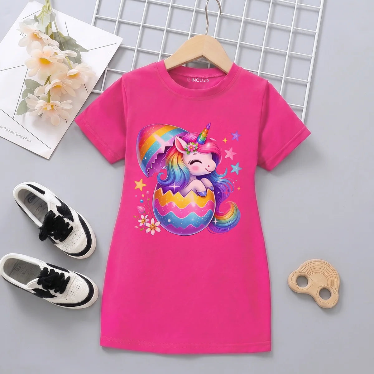 Girls Fuchsia Graphics Short Sleeve T-Shirt Dress Casual Dresses Fuchsia 4-5 Y