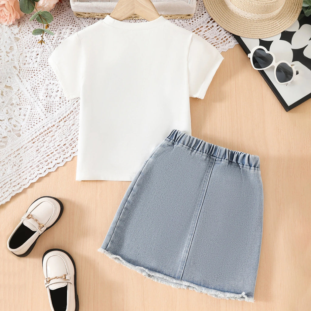 Girls White Lace Corset Printed T-Shirt With Denim Skirts Set Sets