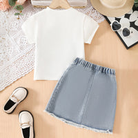Girls White Lace Corset Printed T-Shirt With Denim Skirts Set Sets