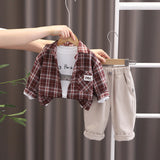 Boys Red Long Sleeve Checked Oversized Shirt With Printed T-Shirt & Elasticated Pants Set