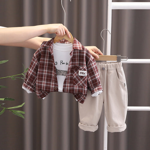 Boys Red Long Sleeve Checked Oversized Shirt With Printed T-Shirt & Elasticated Pants Set Sets Red 1-2 Y