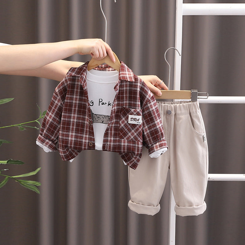 Boys Red Long Sleeve Checked Oversized Shirt With Printed T-Shirt & Elasticated Pants Set Sets Red 1-2 Y