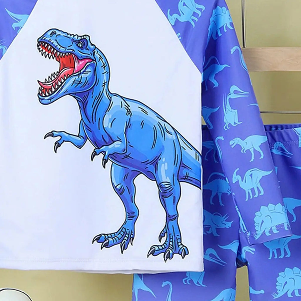Boys Blue Dinosaur Printed Long Sleeves T-Shirt & Shorts Swimsuit Sets Sets