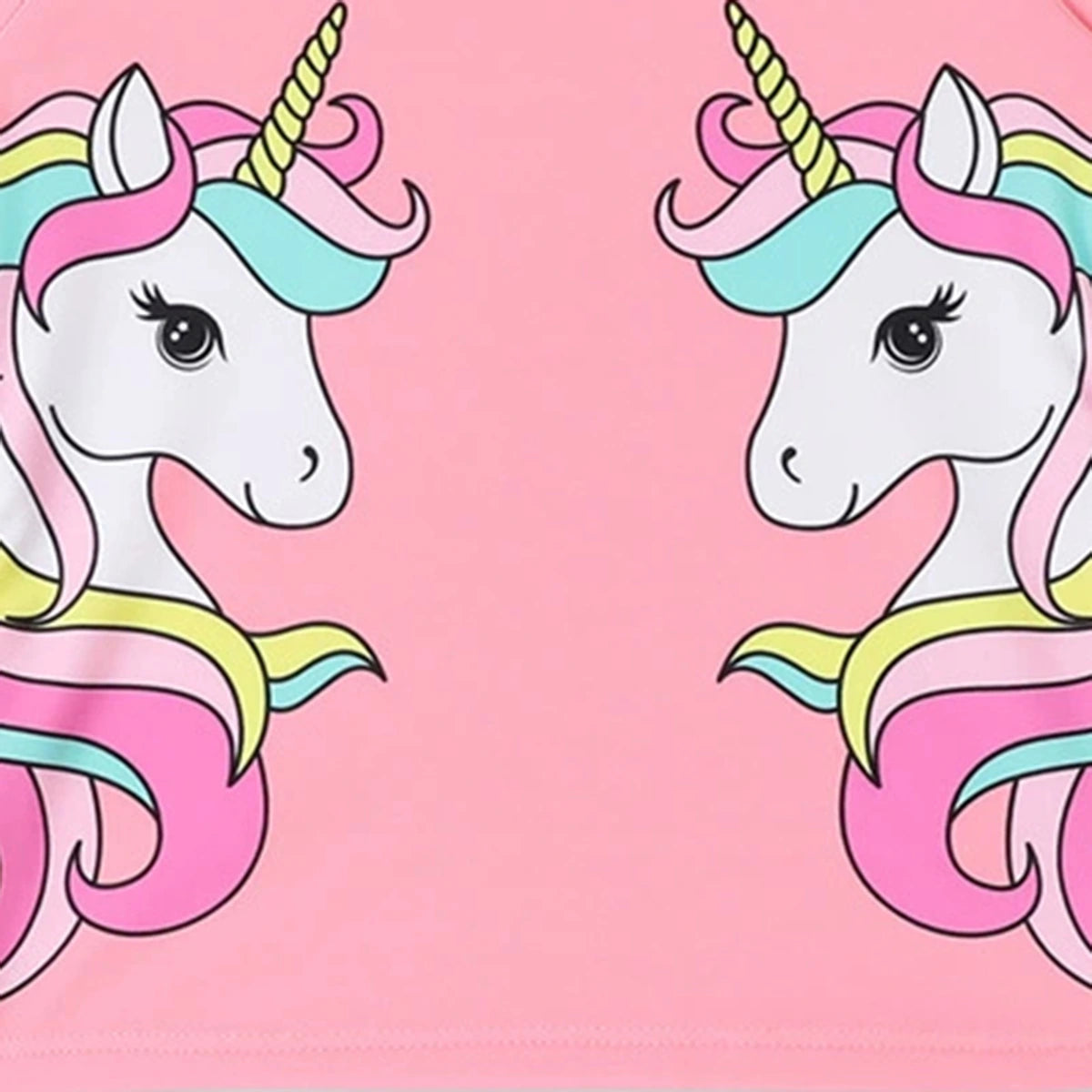 Girls Pink Unicorn Printed T-Shirt With Stripes Shorts Swimwear Sets Sets