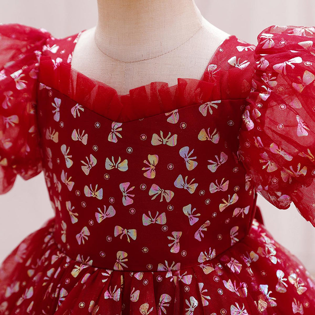 Girls Puff Sleeve Foil Print Fit & Flare Dress Party Dresses   
