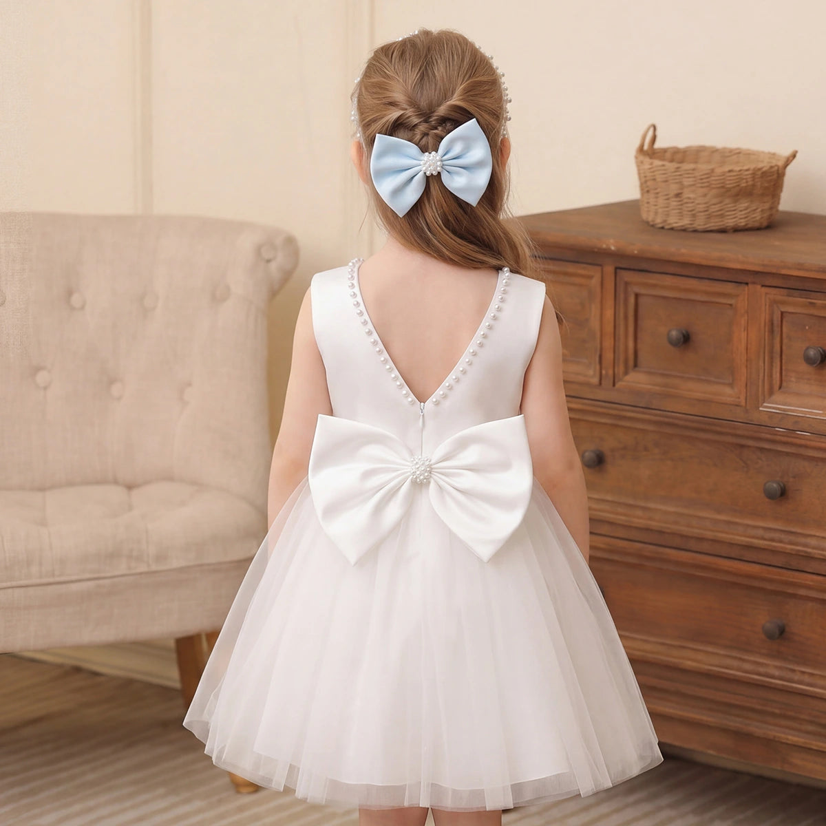 Girls Off White Beaded Neck Sleeveless Fit & Flare Party Wear Dress Party Dresses