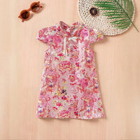 Girls Red Ethnic Motifs A-line Dress With Mandarin Collar Casual Dresses Red 1-2 Y