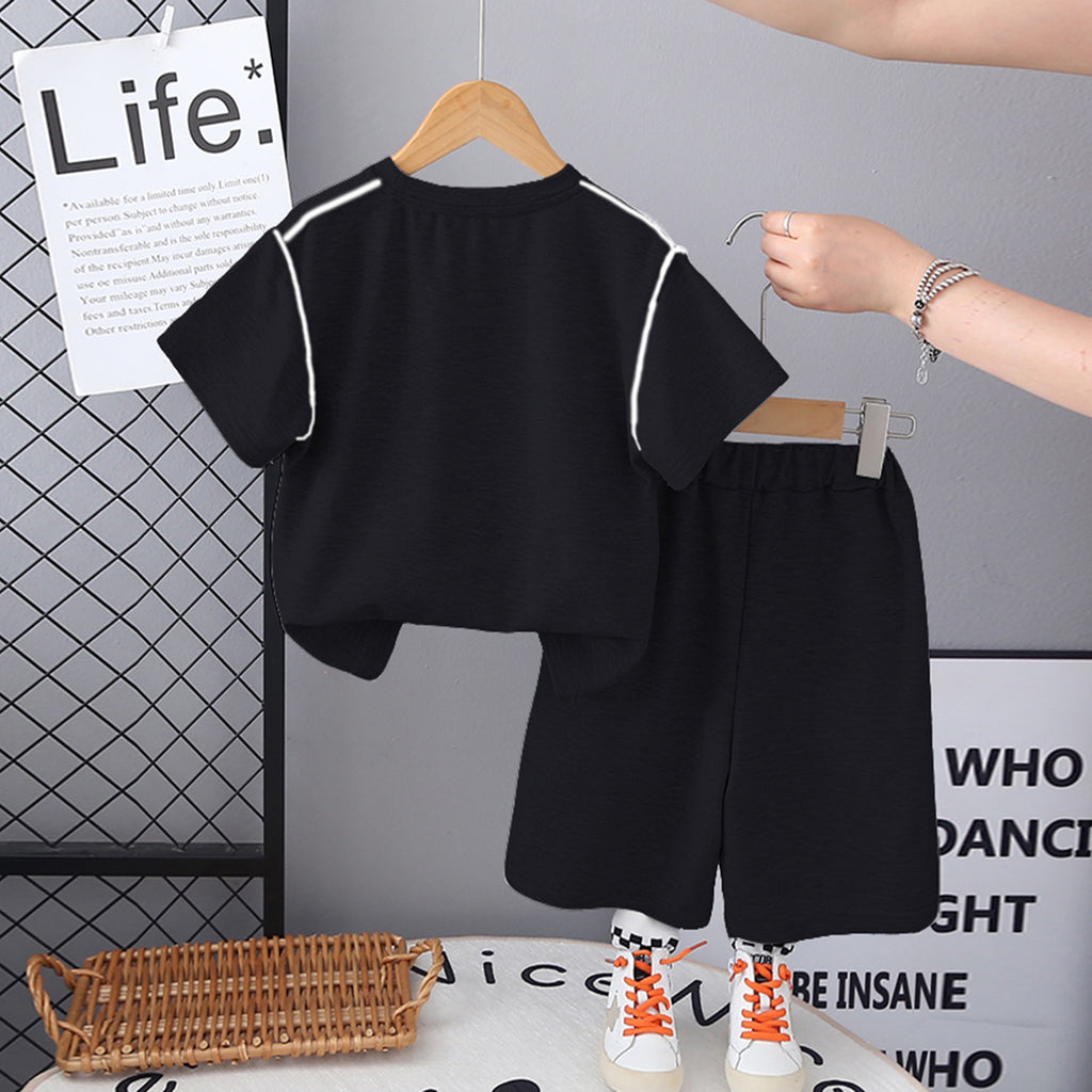 Boys Black Solid Short Sleeves Contrast Piping T-Shirt With Shorts Set 2 pc. Sets