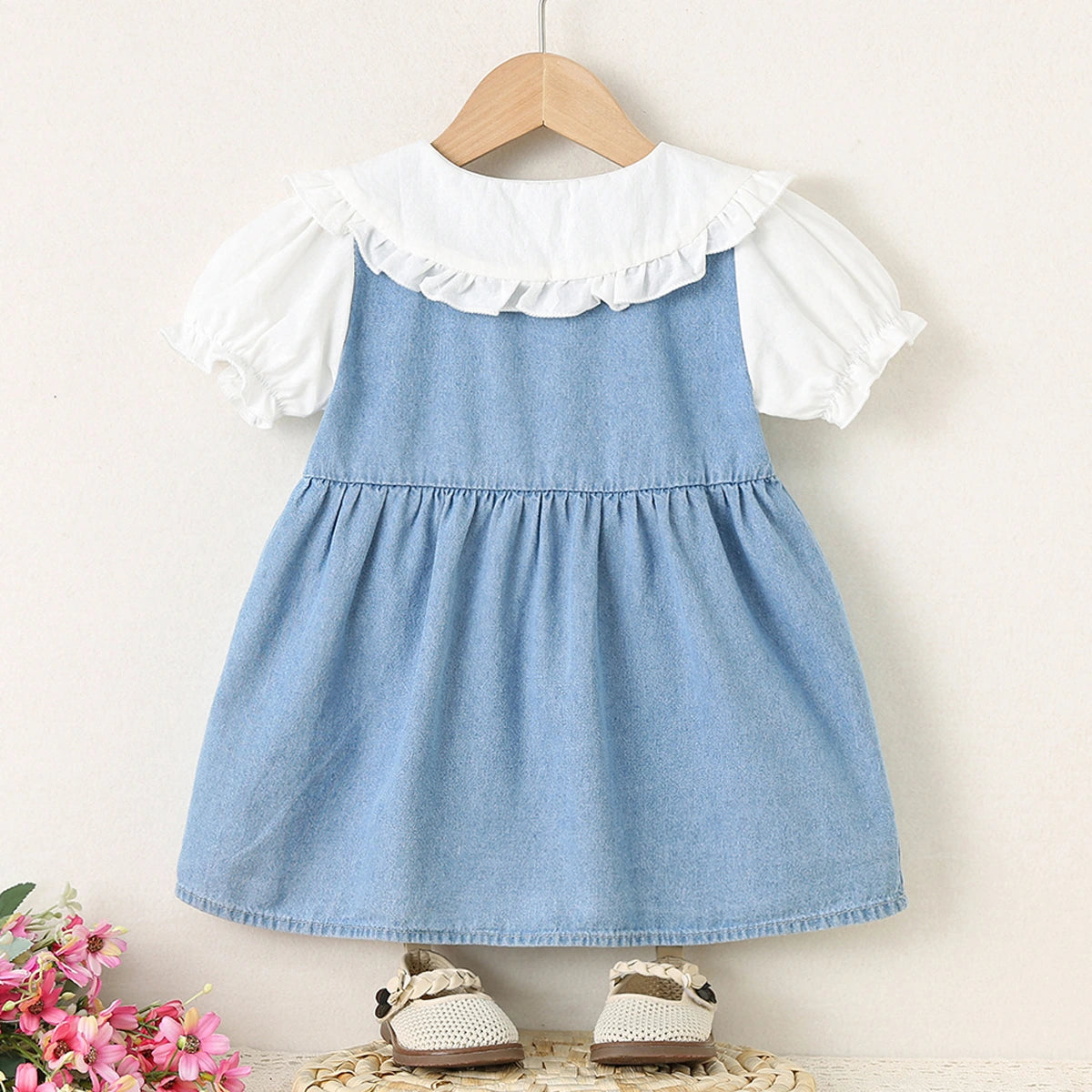 Girls Light Blue Light Wash Peter Pan Collar Fit & Flare Denim Dress Casual Dresses