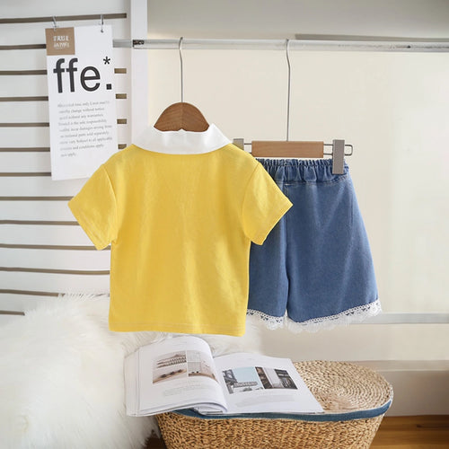 Girls Yellow Bear Patch Embroidered Polo Top With Ruffle Denim Shorts Set Sets