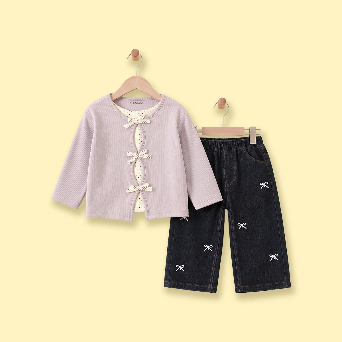 Girls Purple Polka Dot Printed Top With Denim Pants Sets Sets Purple 1-2 Y