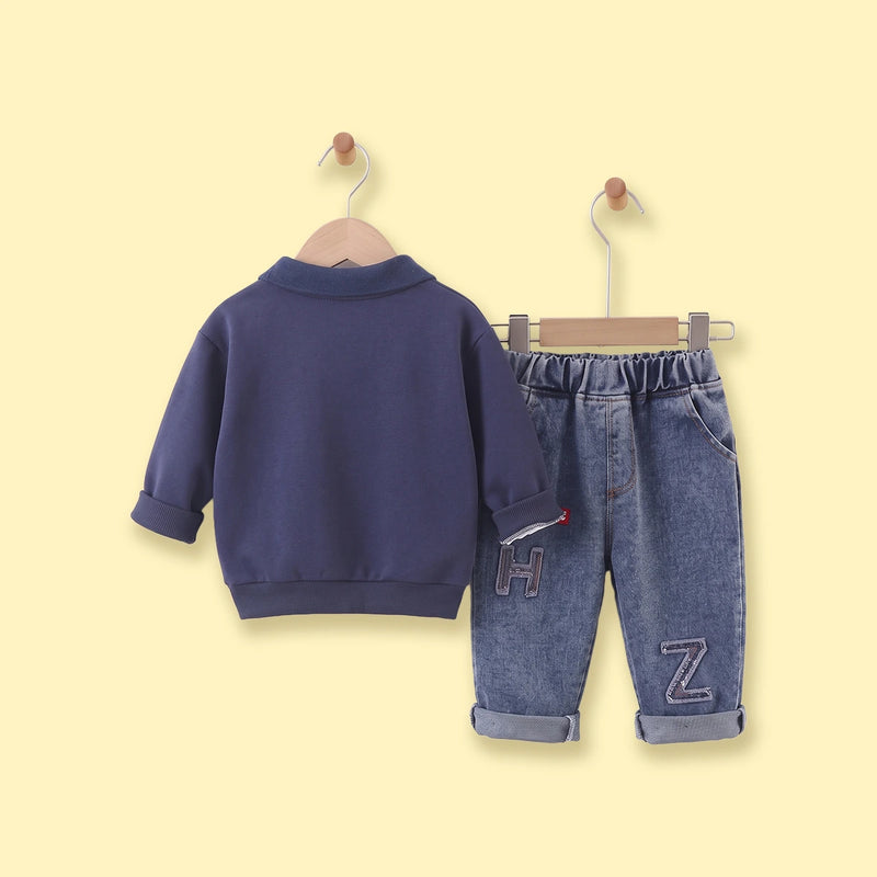 Boys Navy Blue Polo Sweatshirt & Denim Pants Sets Sets