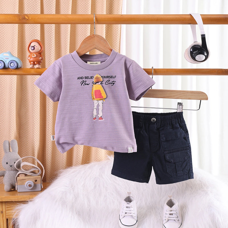 Boys Purple Applique Printed T-Shirt With Twill Shorts Sets 2 pc. Sets Purple 3-6 M