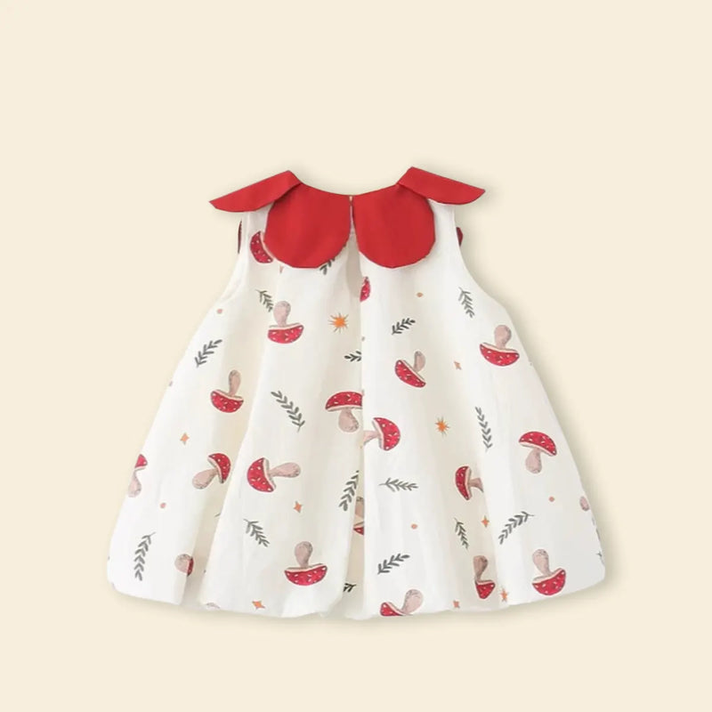 Girls Off White Printed Mushroom Theme Sleeveless A-line Dress Casual Dresses