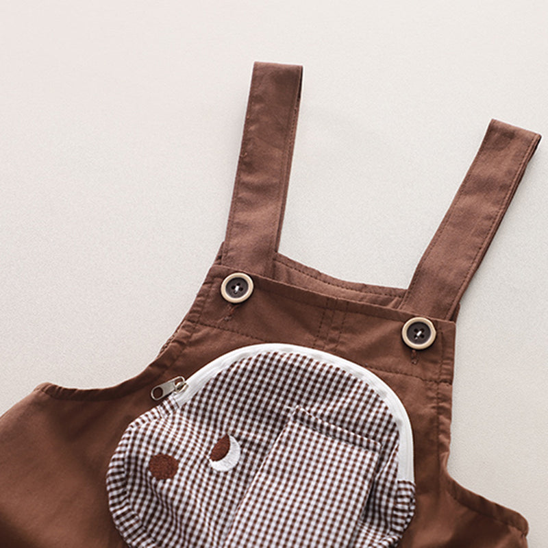 Boys Brown Gingham Check Shirt With Embroidery Applique Dungaree Set 2 pc. Sets