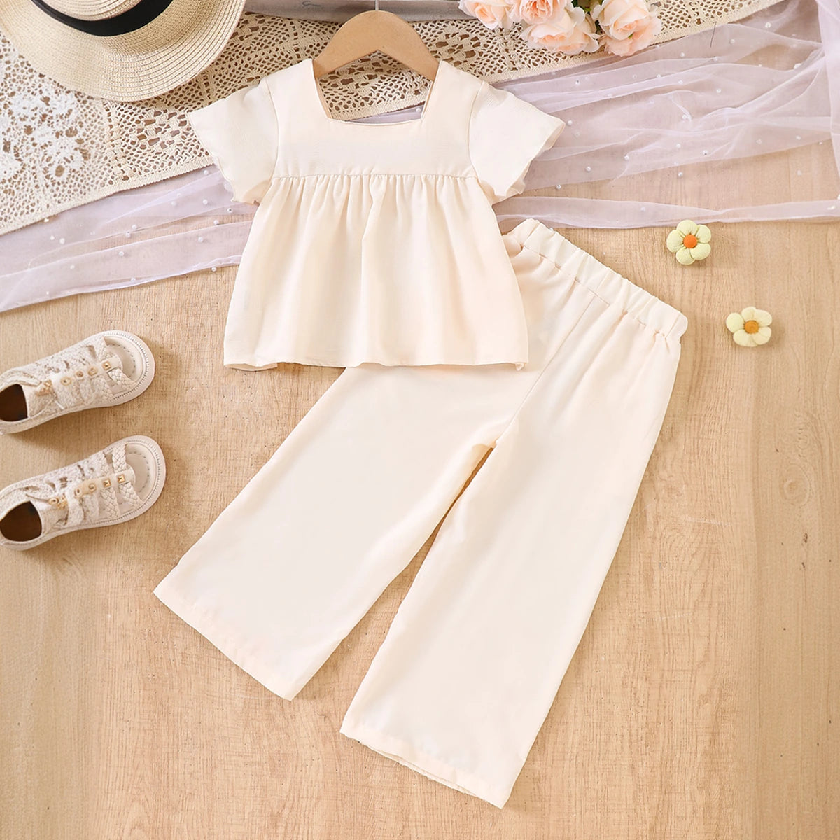 Girls Apricot Lace Patched Short Sleeves Top & Pants Co-ord Sets Sets