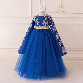 Girls Royal Blue Embroidered Gown With Long Sleeves Casual Dresses