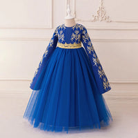 Girls Royal Blue Embroidered Gown With Long Sleeves Casual Dresses