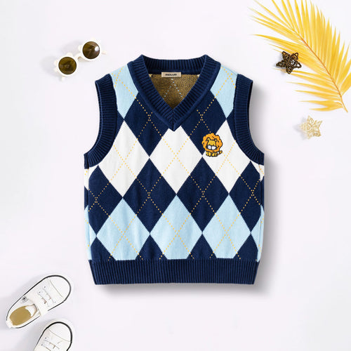 Boys Multicolor Sweater Vest With Self-Design Diamond Patterns Sweaters & Cardigans Multicolor 2-3 Y