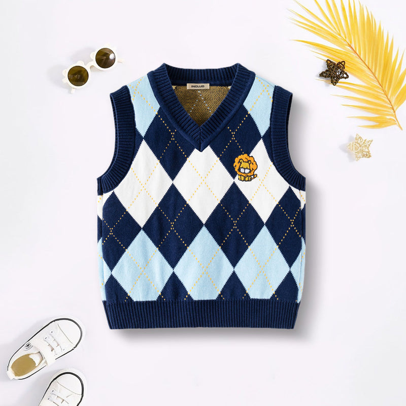 Boys Multicolor Sweater Vest With Self-Design Diamond Patterns Sweaters & Cardigans Multicolor 2-3 Y