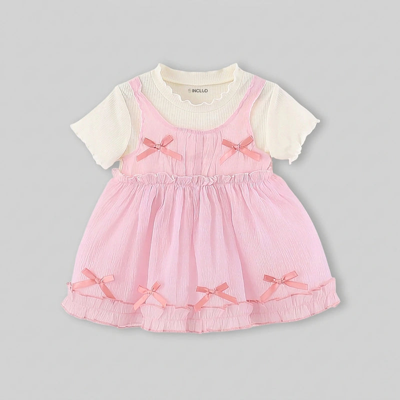 Girls Pink Bow Detailed Fit and Flare Dress Casual Dresses