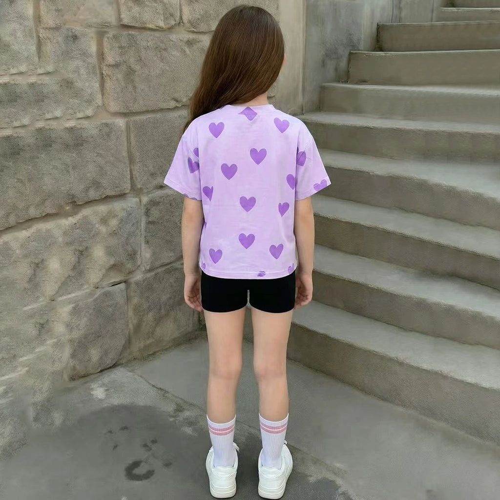 Girls Purple Graphics K-pop Print T-Shirt With Shorts Set Sets