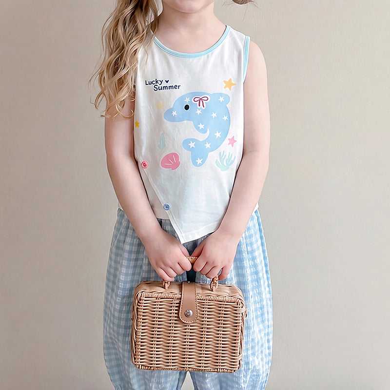 Girls Blue Dolphin Print Sleeveless Top With Checked Crop Pants Sets 2 pc. Sets