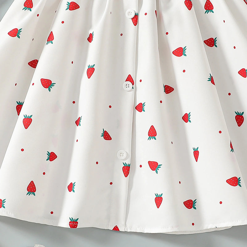 Girls White Strawberry Printed Sleeveless A-line Dress Casual Dresses
