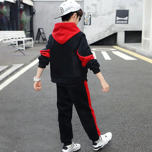 Boys Red Typographic Printed Hooded Sweatshirt With Vest & Jogger Sets Sets