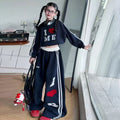 Girls Navy Blue Typographic Printed Cropped Sweatshirt With Wide Leg Pants Sets Sets Navy Blue 5-6 Y